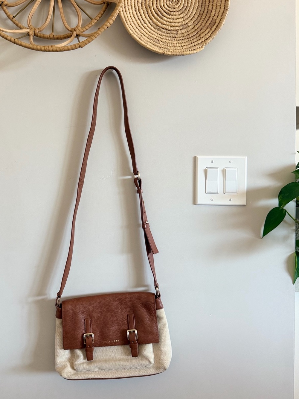 Cole Haan Brown Leather and Cream Canvas Crossbody